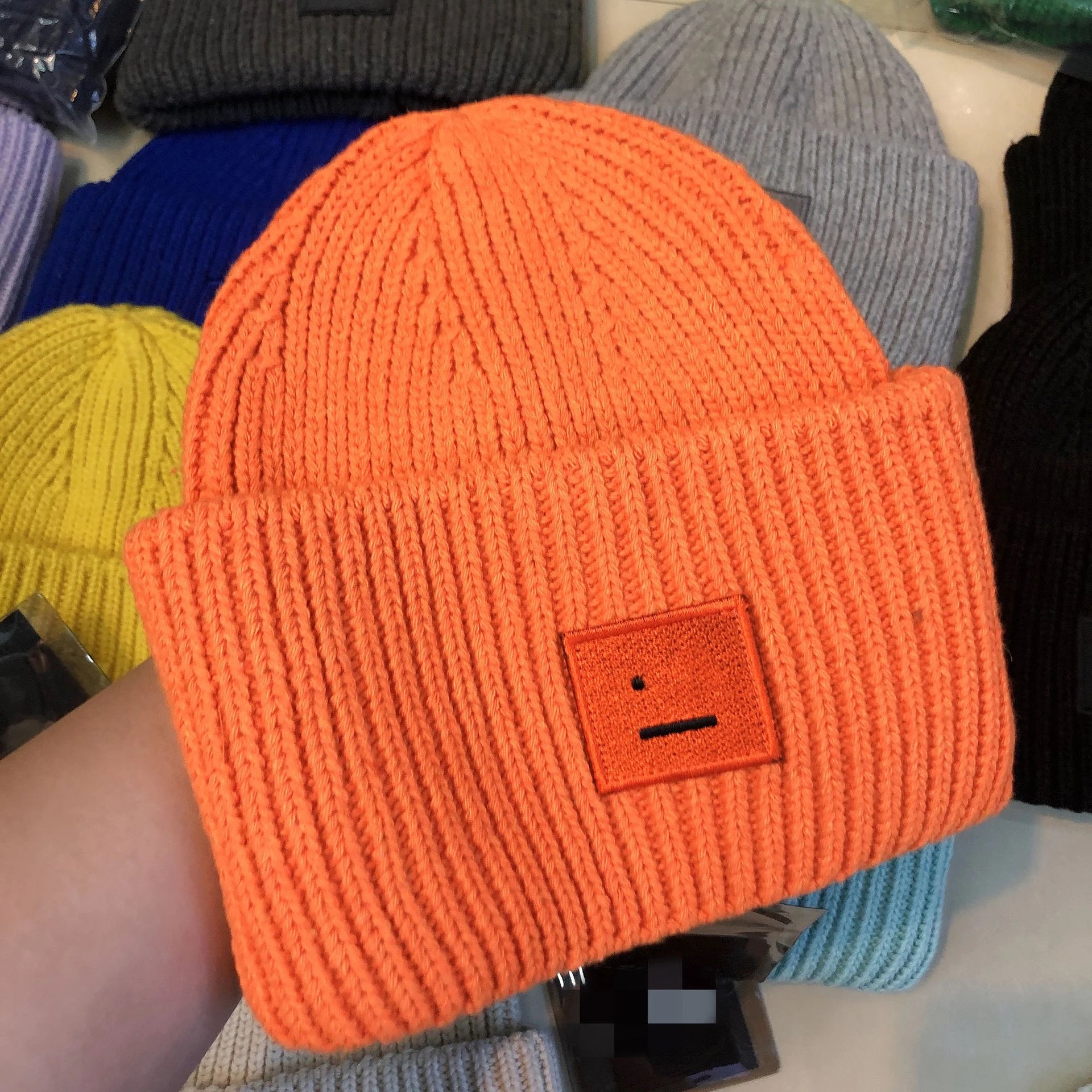 Design Ribbed Knit Beanie with Embroidered Smiley Patch in Royal Blue - 11