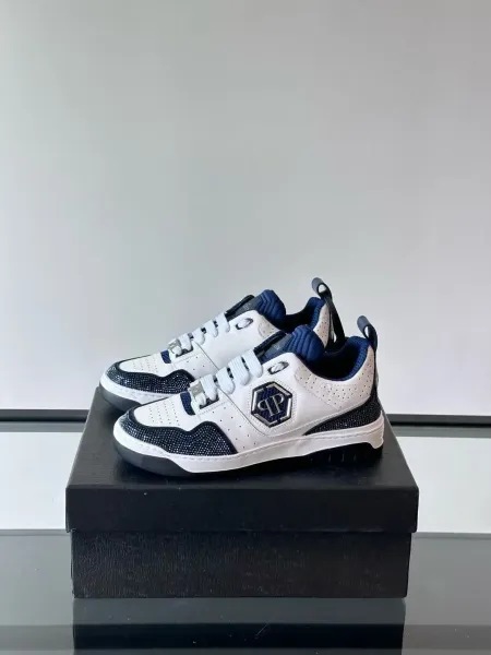 Philipp Plein PP Diamond-Embellished White and Navy Sneakers - 32