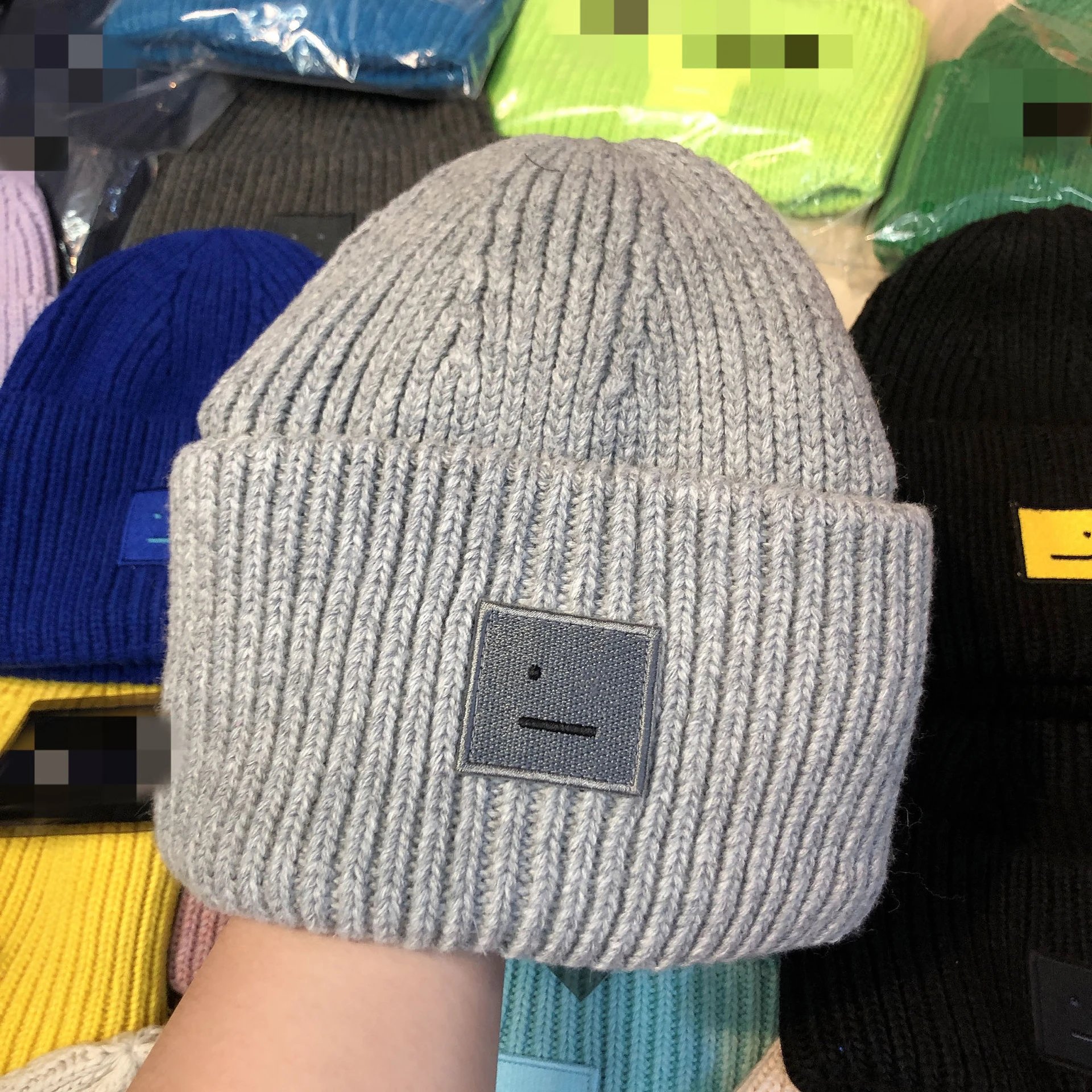 Design Ribbed Knit Beanie with Embroidered Smiley Patch in Royal Blue - 14