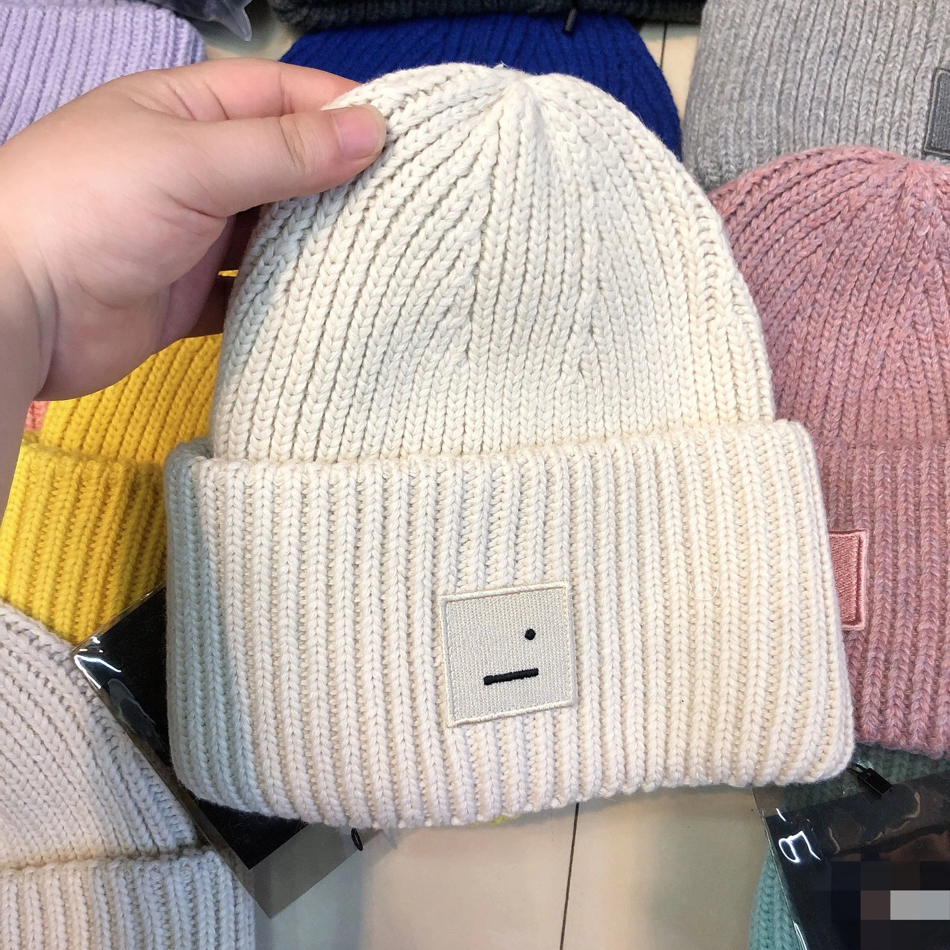 Design Ribbed Knit Beanie with Embroidered Smiley Patch in Royal Blue - 6