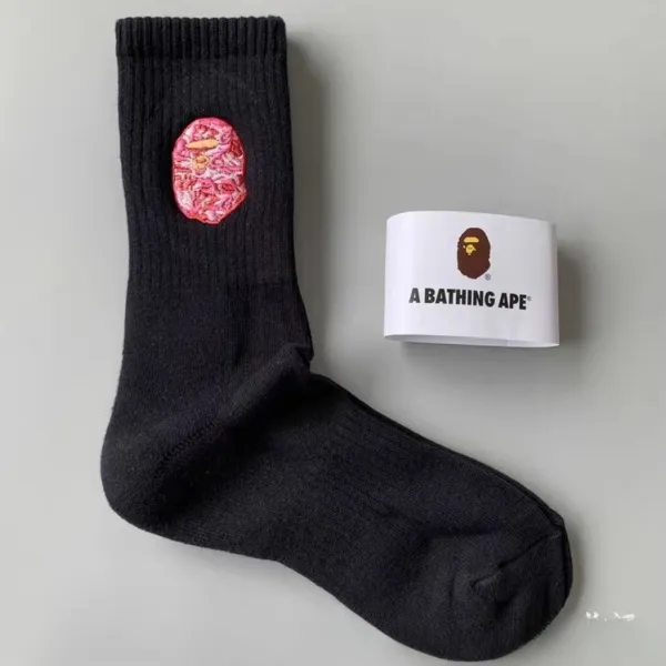 A Bathing Ape Pink Camo Ape Head Socks Black - 1