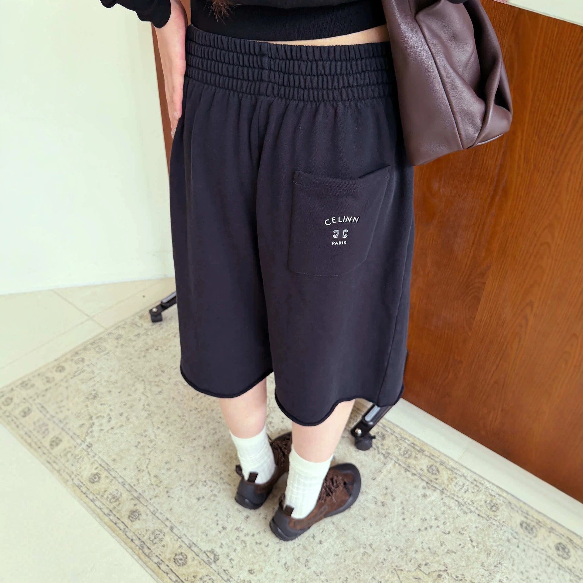 CELINN 25 Paris Black Wide-Leg Shorts Elastic Shirred Waist Logo Pocket Midi Culottes