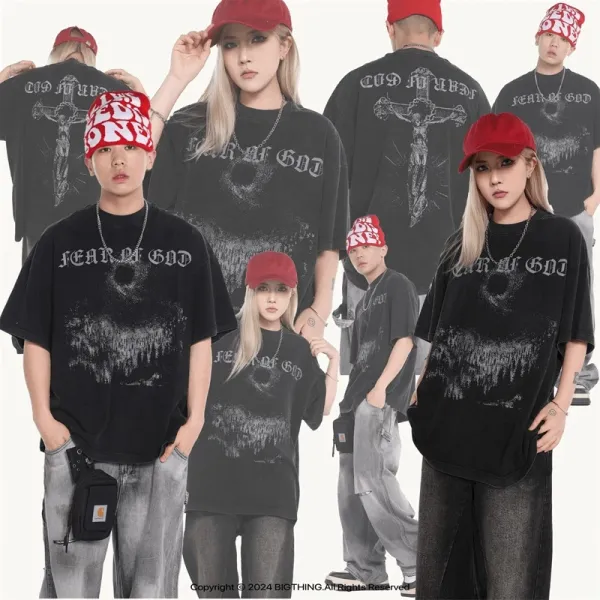 Design Angel Statues Print Oversized T-Shirt Black - 7