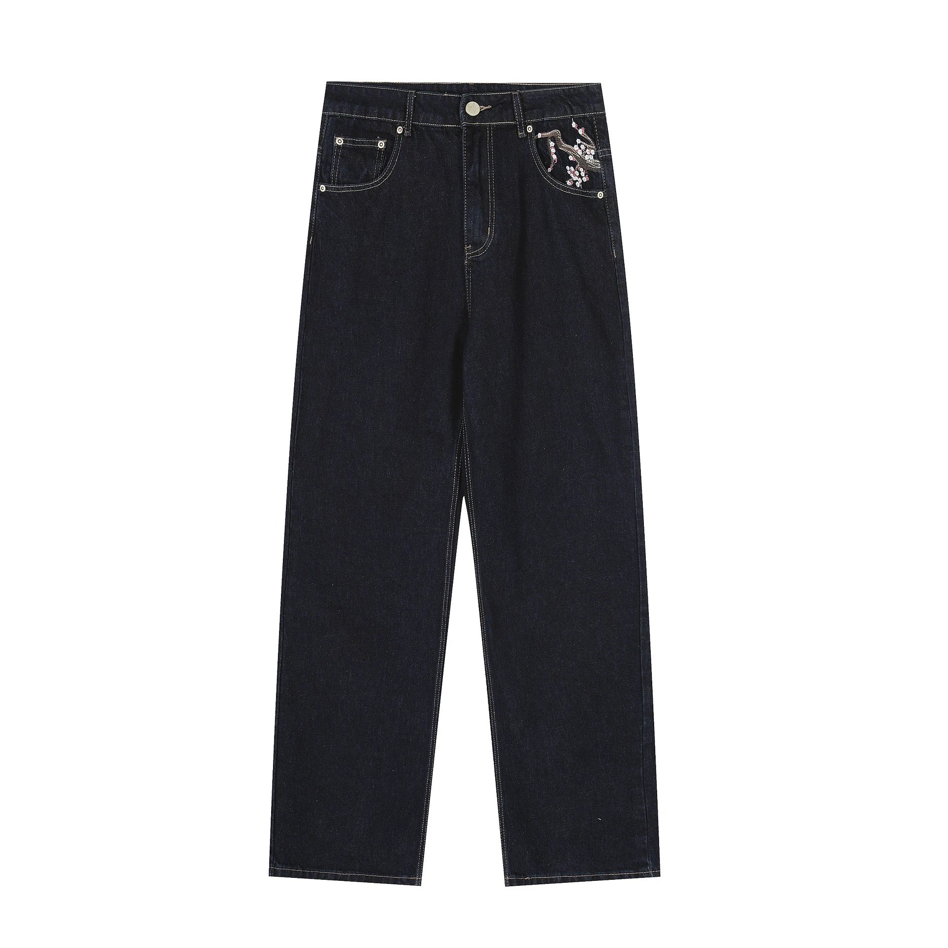 Plum Blossom Embroidered Straight Leg Jeans