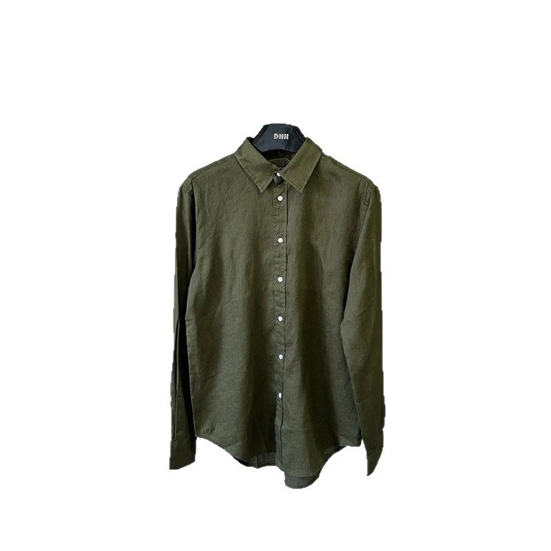 Linen Blend Button-Up Shirt White Beige Yellow Pink Navy Olive Casual
