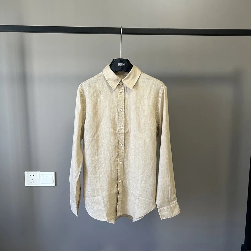 Linen Blend Button-Up Shirt White Beige Yellow Pink Navy Olive Casual
