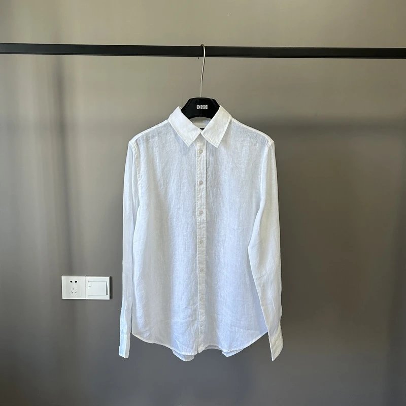 Linen Blend Button-Up Shirt White Beige Yellow Pink Navy Olive Casual