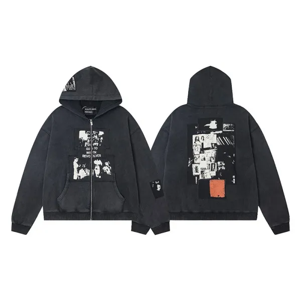 Design Collage Print Zip-Up Hoodie Black - 1