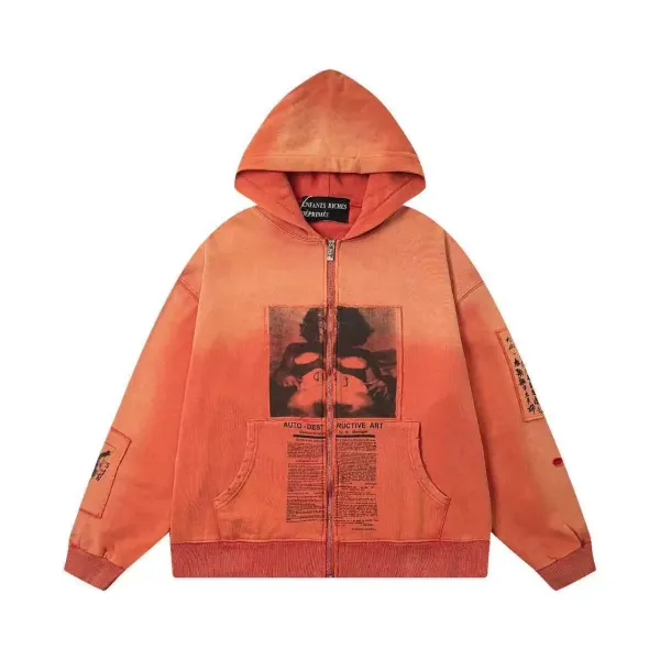 Enfants Riches Déprimés Auto-Destructive Art Orange Acid-Wash Zip-Up Hoodie - 1