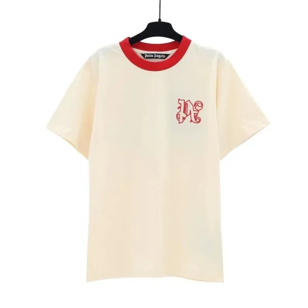 Palm Angels Logo Embroidered Cream T-Shirt with Red Ribbed Collar - 1