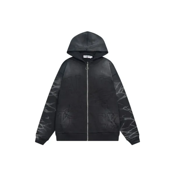 Design Distressed Graphic Zip-Up Hoodie Black - 1