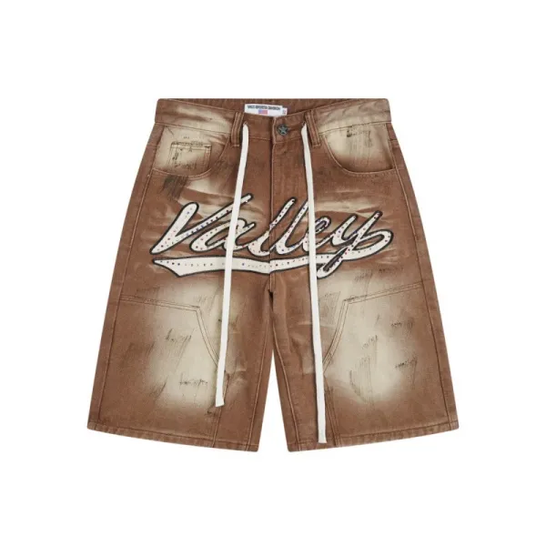 Design Valley Denim Shorts Brown Washed Streetwear Shorts - 1