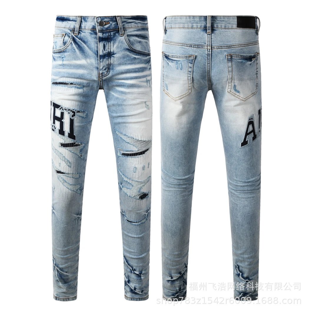 Amiri Distressed Logo Print Slim Fit Light Wash Jeans - 1