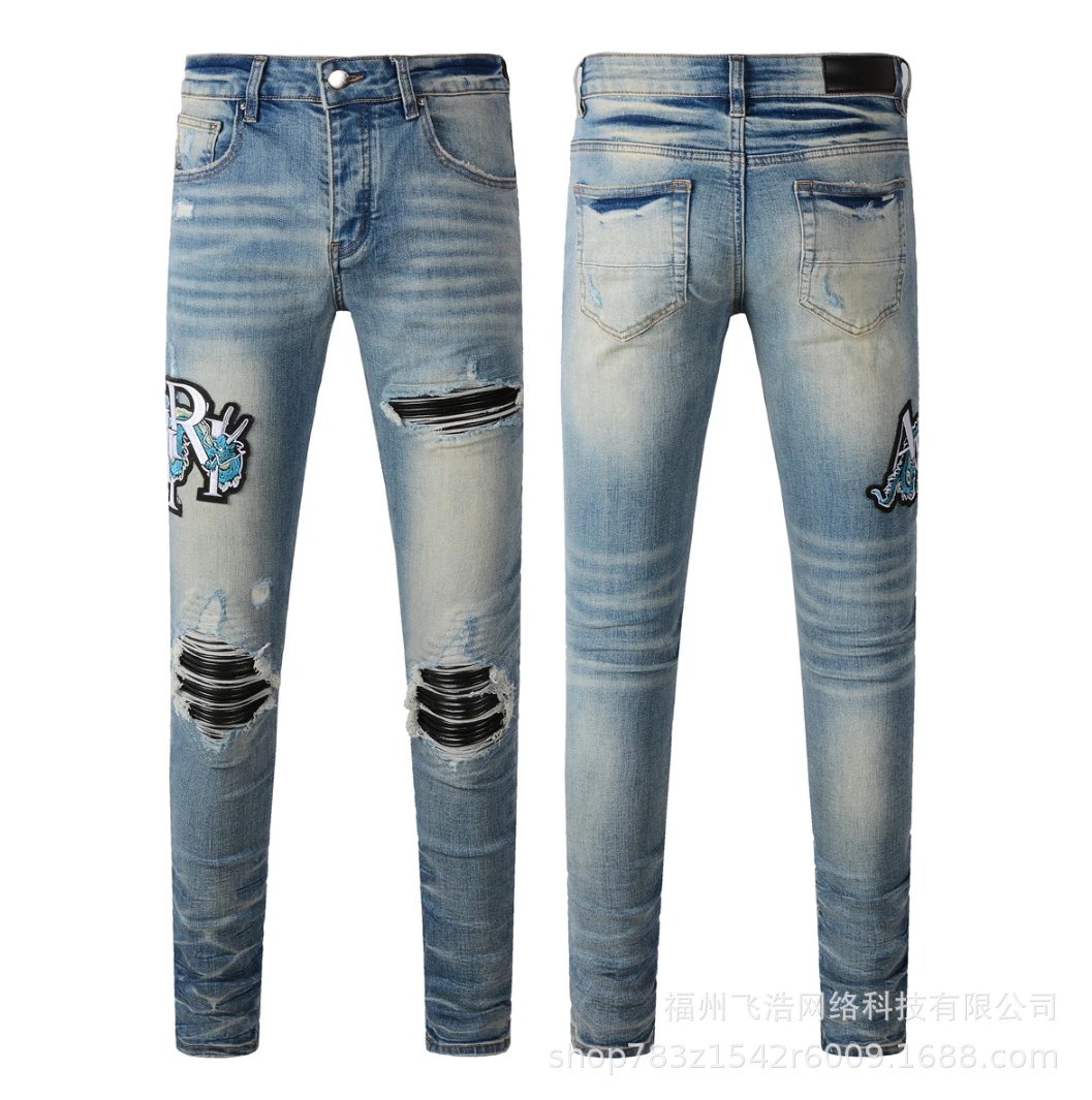 Amiri x Custom Distressed Embroidered Logo Slim Fit Light Wash Jeans - 1