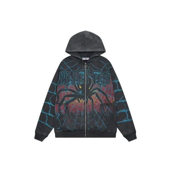 Design Valley Fest Spider Web Graphic Zip-Up Hoodie Black Hoodie - 1