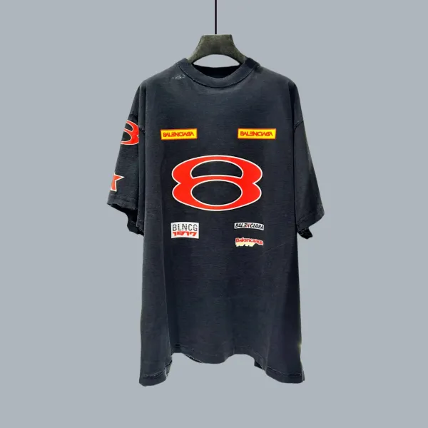 Balenciaga Racing Number 8 Distressed Oversized T-Shirt Black - 1