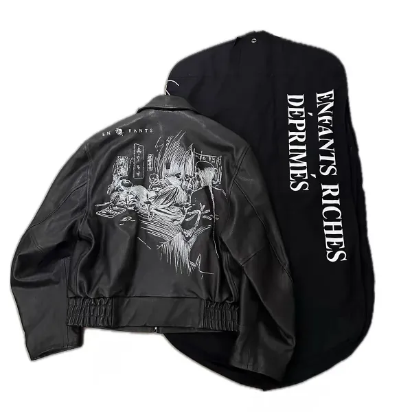 Enfants Riches Déprimés Leather Jacket with Illustration Print Rust Brown Leather Jacket - 5