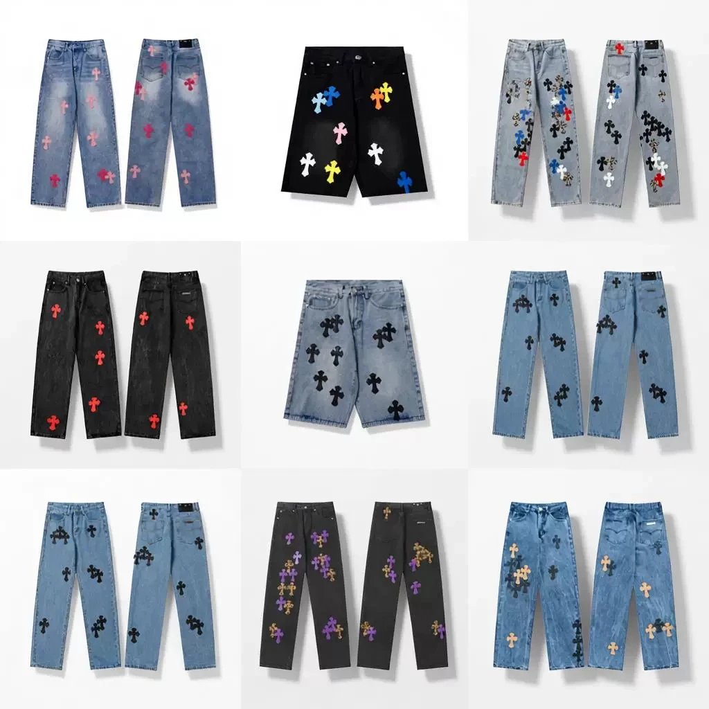 贴皮刺绣水洗牛仔裤情侣宽松牛仔