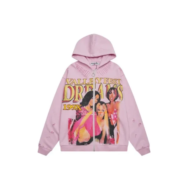 Design Valley Fest Dreams 199X Pink Distressed Zip-Up Hoodie - 1