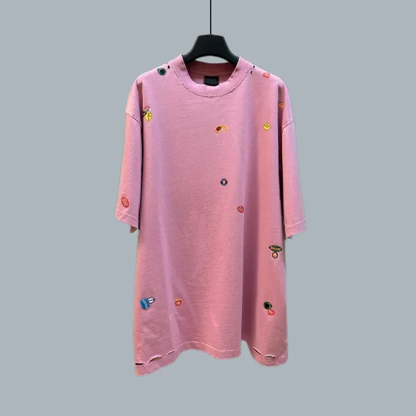 Design Patchwork Distressed Oversized T-Shirt Pink - 1