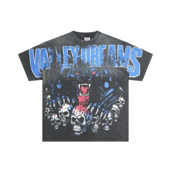 Design Valley Dreams Panther Skull Graphic T-Shirt Black T-Shirts - 1