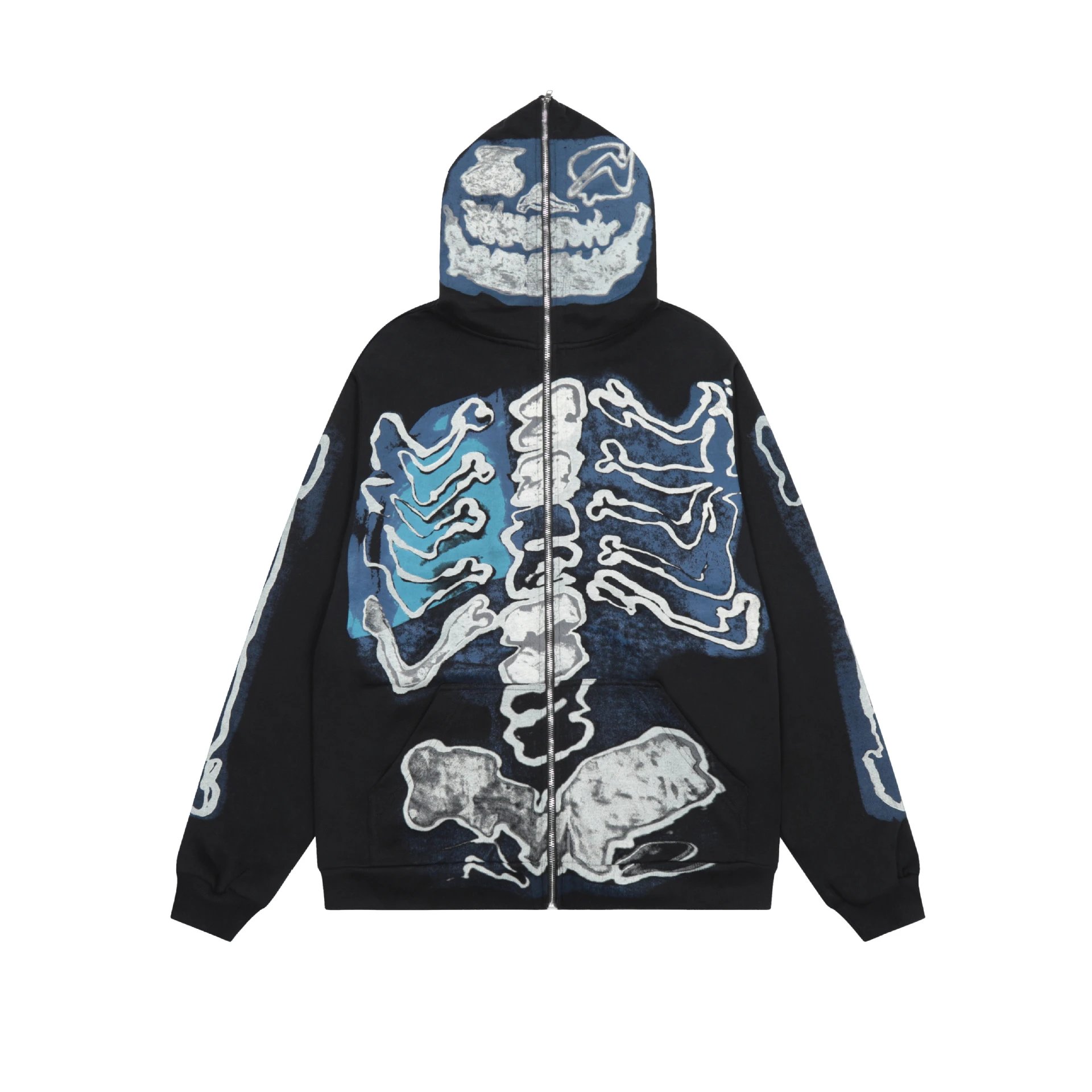 Design Skeleton Print Zip-Up Hoodie Black