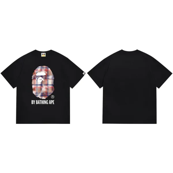 A Bathing Ape Plaid Ape Head Black T-Shirt - 1