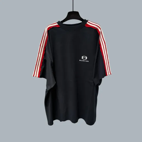 Balenciaga 8 Logo T-Shirt Black with Red-White Stripe Sleeves - 1
