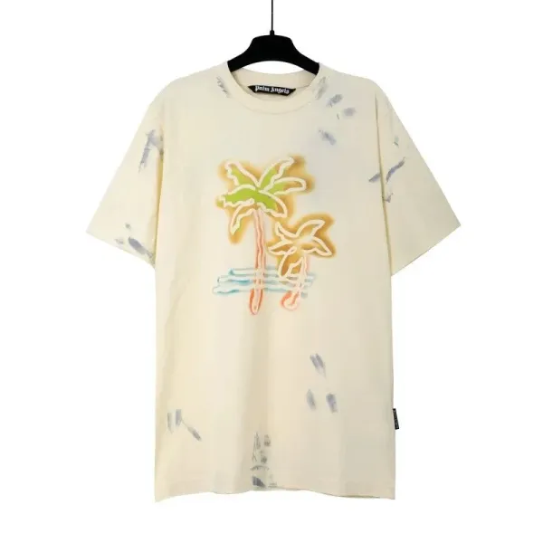 Palm Angels Palm Tree Print Distressed Beige T-Shirt - 1