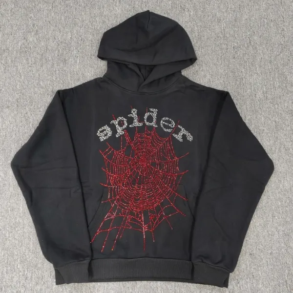 Spider Spider Web Rhinestone Embellished Black Hoodie - 1