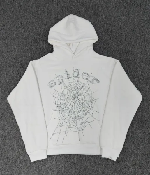 Spider Spider Web Rhinestone Embellished White Hoodie - 1