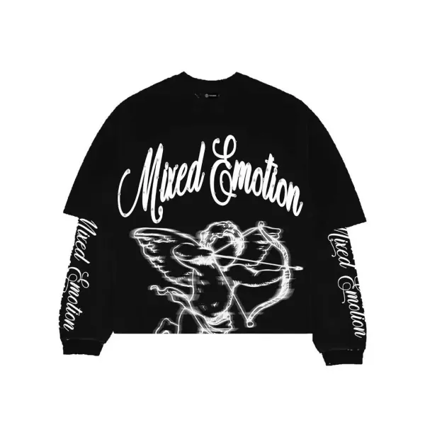 Design Mixed Emotion Cupid Graphic Long-Sleeve Tee Black T-Shirts - 1