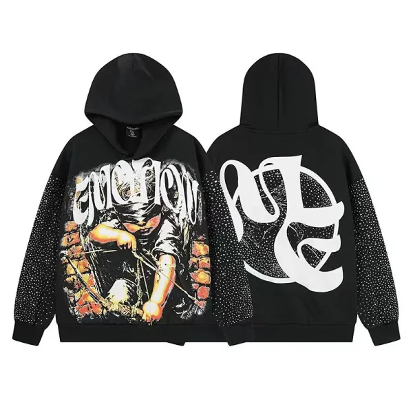 Design Graphic Print Hoodie Black with Dot-Sleeve Detail - 1