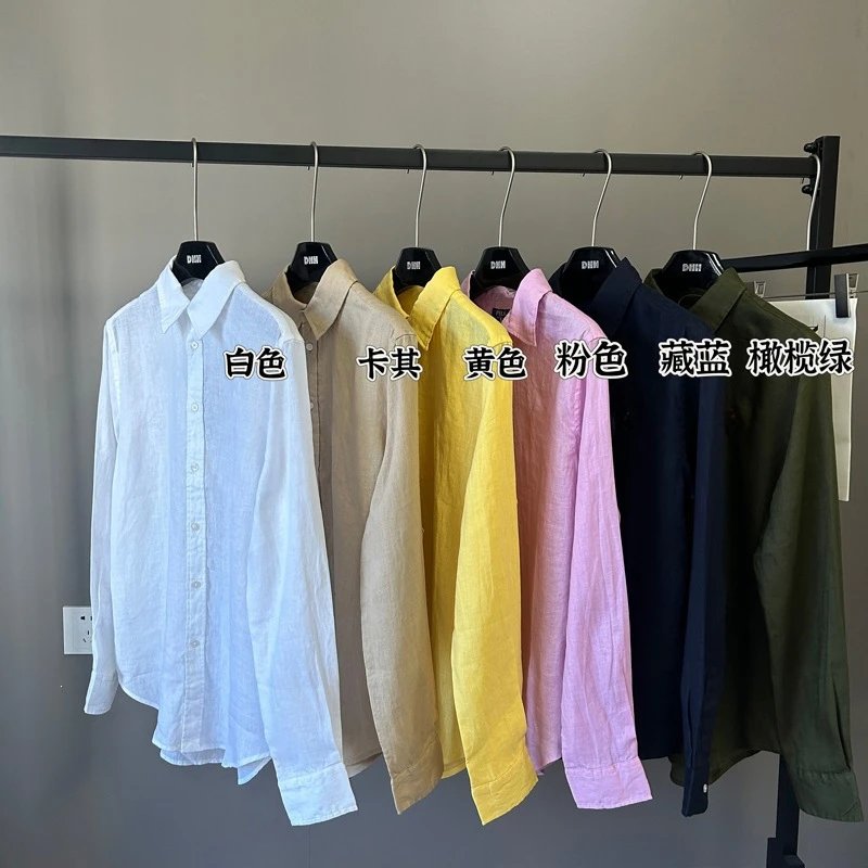 Linen Blend Button-Up Shirt White Beige Yellow Pink Navy Olive Casual