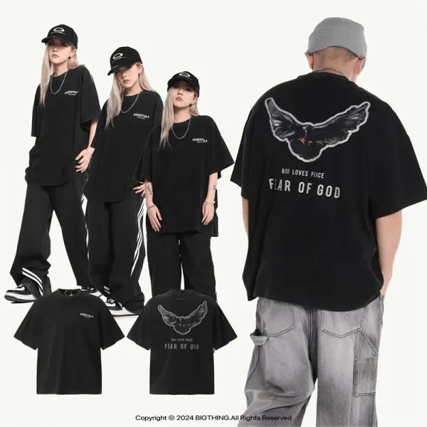 Design Angel Statues Print Oversized T-Shirt Black - 10