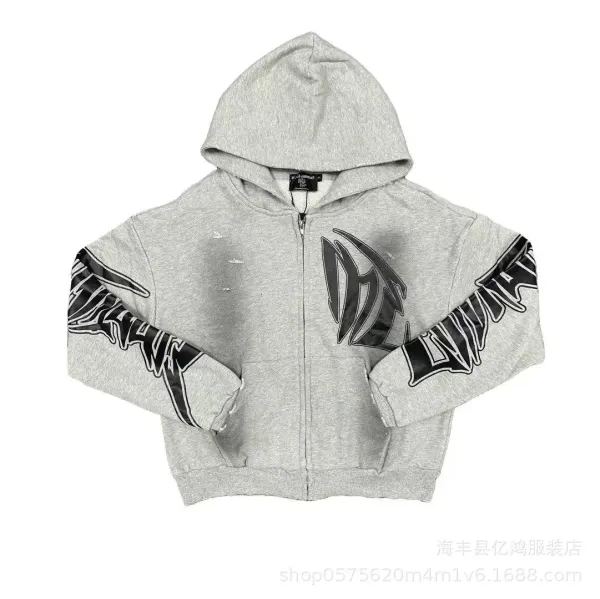 Design Graphic Print Distressed Zip-Up Hoodie Gray - 1