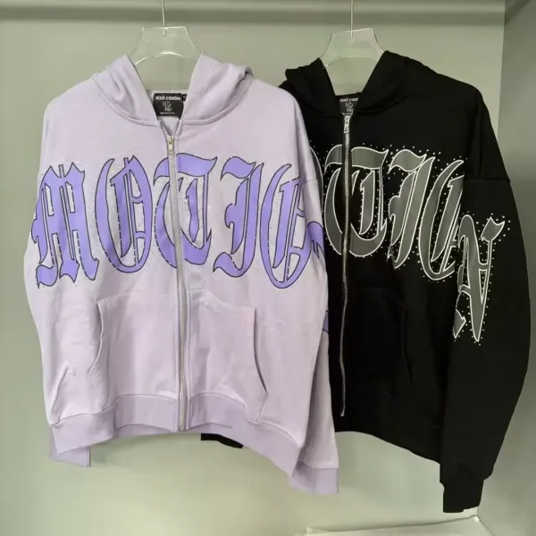 Design Mind Emotion Gothic Script Rhinestone Zip-Up Hoodie in Lavender and Black Hoodie - 1