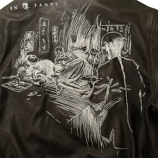 Enfants Riches Déprimés Leather Jacket with Illustration Print Rust Brown Leather Jacket - 18