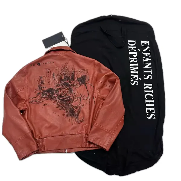 Enfants Riches Déprimés Leather Jacket with Illustration Print Rust Brown Leather Jacket - 1