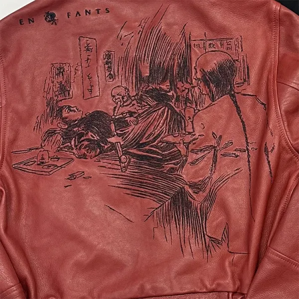 Enfants Riches Déprimés Leather Jacket with Illustration Print Rust Brown Leather Jacket - 16
