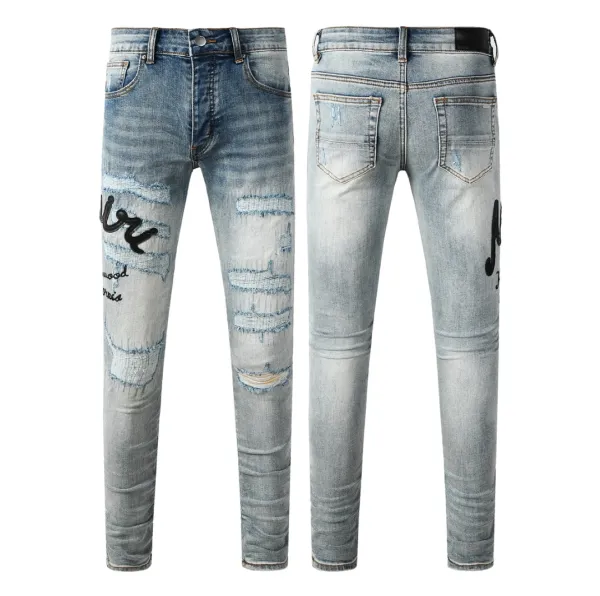 Amiri x Distressed Logo Print Light Wash Skinny Jeans - 5