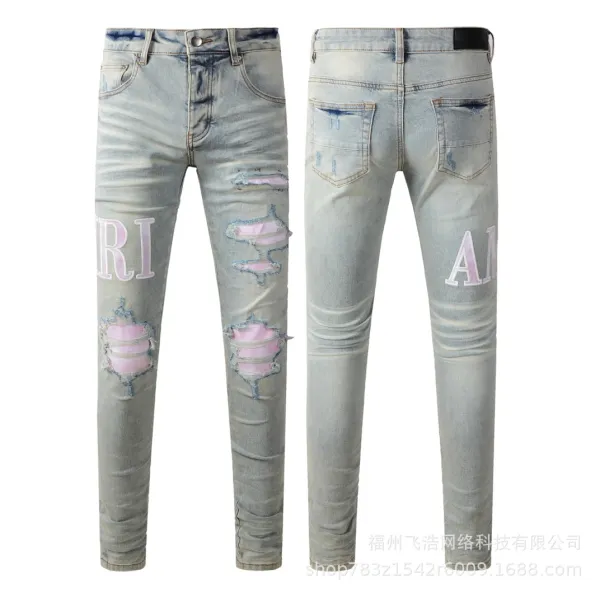 Amiri x Pink Patchwork Distressed Slim Fit Light Wash Jeans - 1