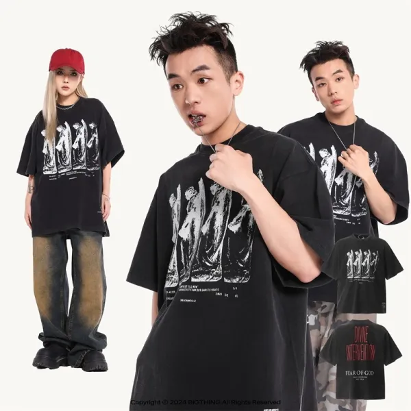 Design Angel Statues Print Oversized T-Shirt Black - 5