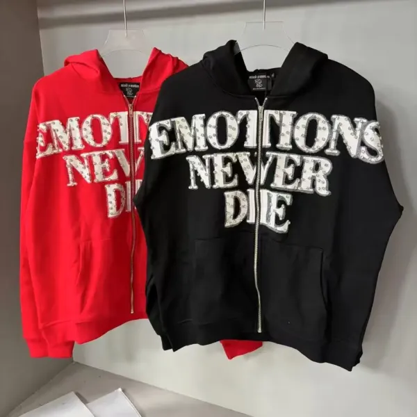 Design Mixed Emotions 'Emotions Never Die' Rhinestone Hoodie Black and Red Hoodie - 1