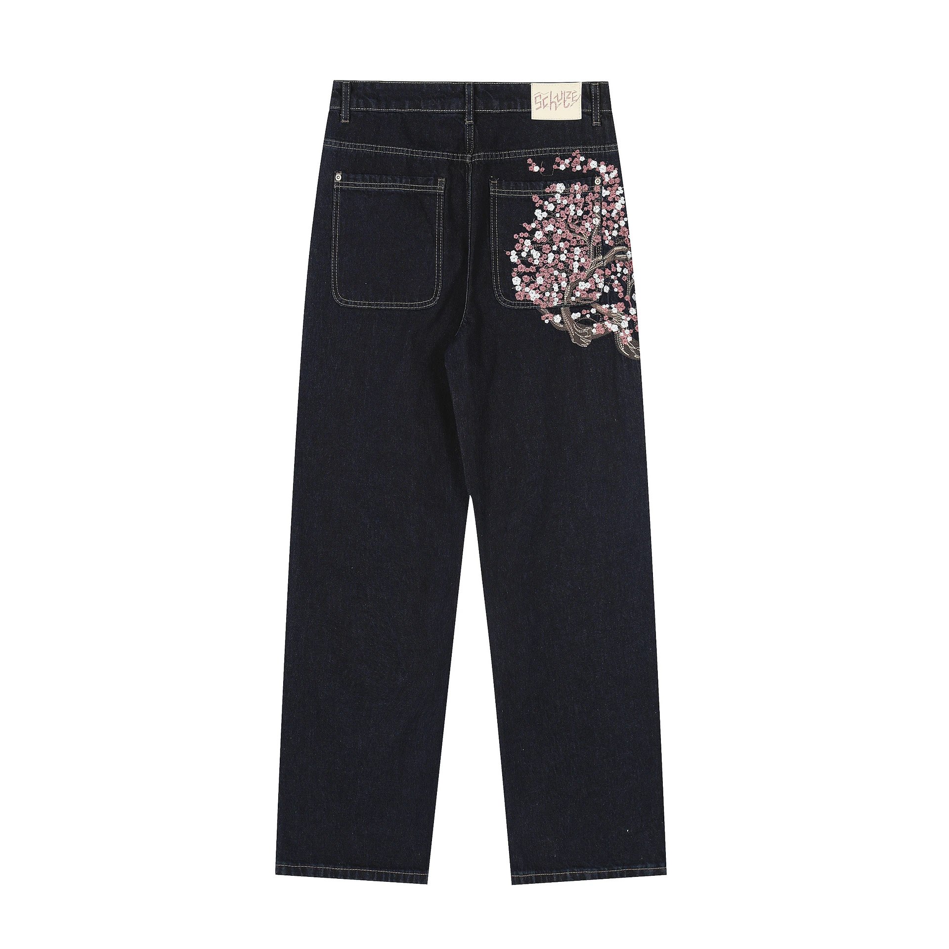 Denim Jeans Dark Blue Embroidered Floral Straight Leg