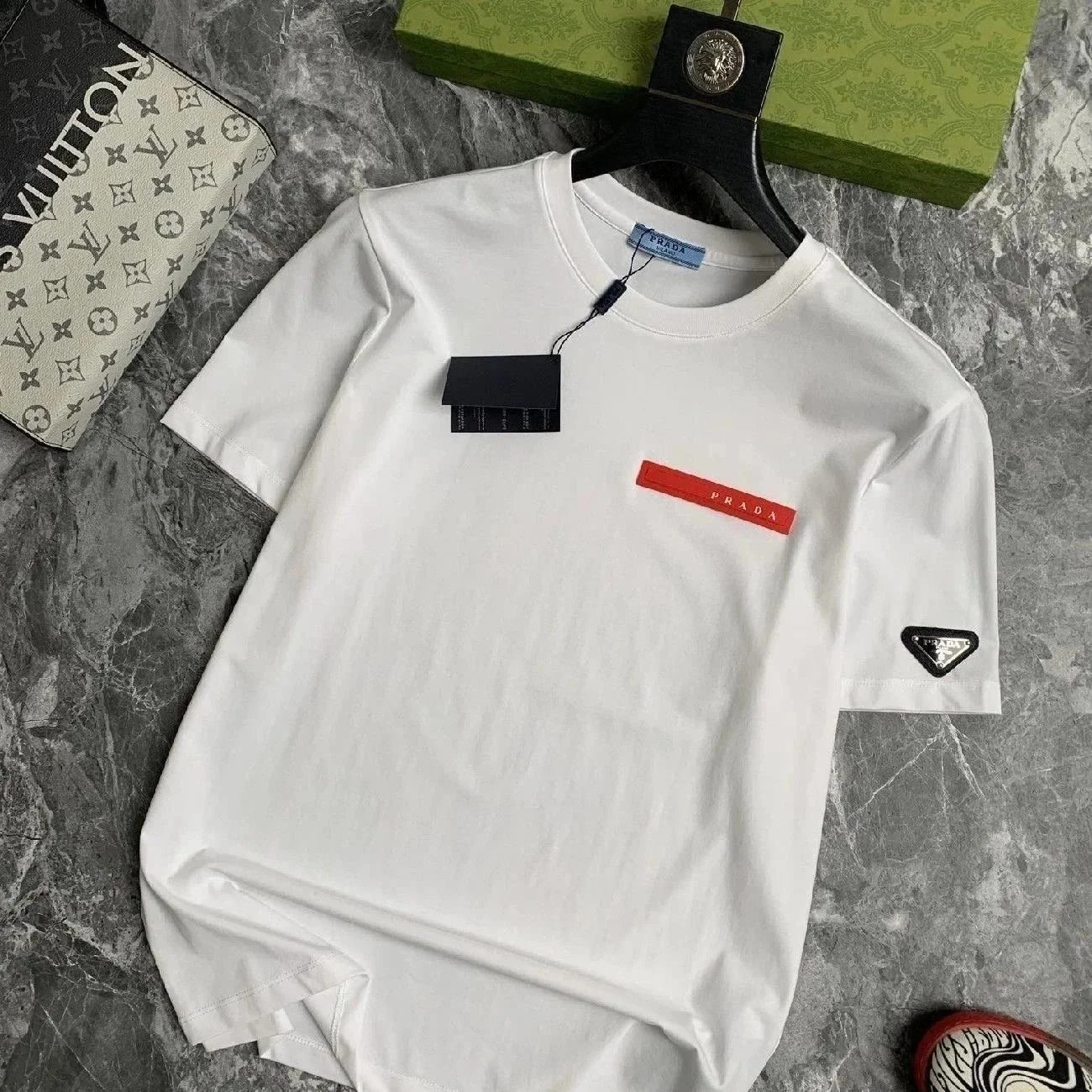 Prada Shirts Short-Sleeve Polo Shirt with Triangle Logo Patch — 20