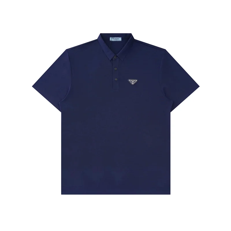 Prada Shirts Short-Sleeve Polo Shirt with Triangle Logo Patch — Navy Blue