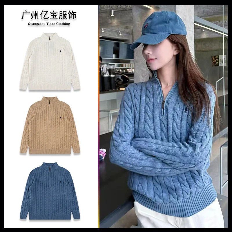 Cross-Border Ralph RL Knit Cardigan Fall Winter New Cable-Knit Pony Logo Embroidered Polo Half-Turtleneck Half-Zip Sweater