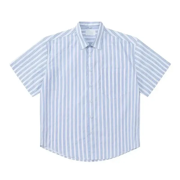 Design Short-Sleeve Striped Button-Down Shirt in Light Blue and White - 1