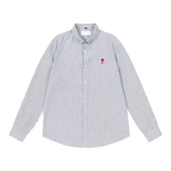 Ami Paris Striped Shirt with Red Heart Logo White/Gray - 1